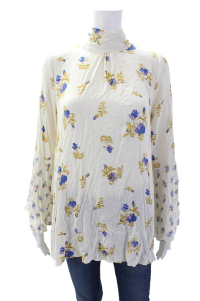 Free People Womens Floral Print Blouse White Multi Colored Size Medium