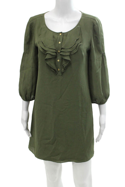 Tibi Womens Silk Ruffle Detail Scoop Neck Long Sleeve Dress Olive Green Size 6