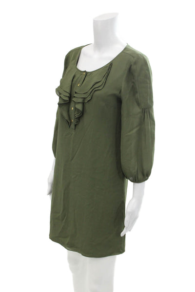 Tibi Womens Silk Ruffle Detail Scoop Neck Long Sleeve Dress Olive Green Size 6