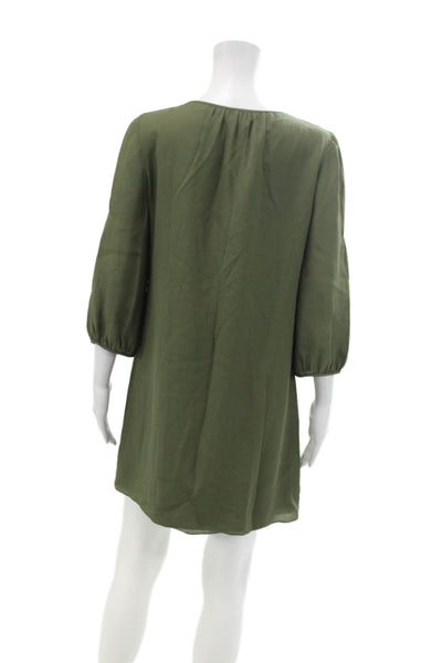 Tibi Womens Silk Ruffle Detail Scoop Neck Long Sleeve Dress Olive Green Size 6