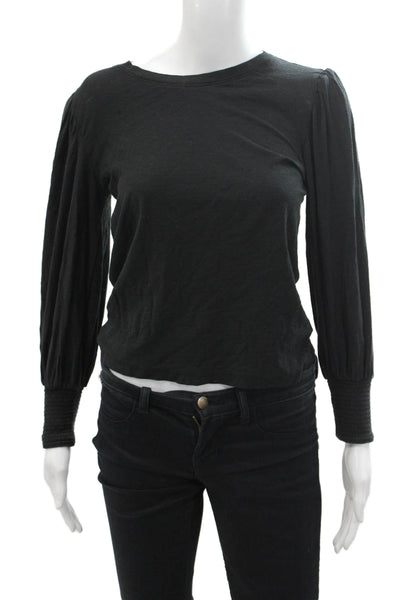 Nation LTD Womens Cotton Crew Neck Puff Sleeve Blouse Top Black Size XS