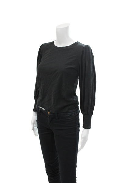 Nation LTD Womens Cotton Crew Neck Puff Sleeve Blouse Top Black Size XS