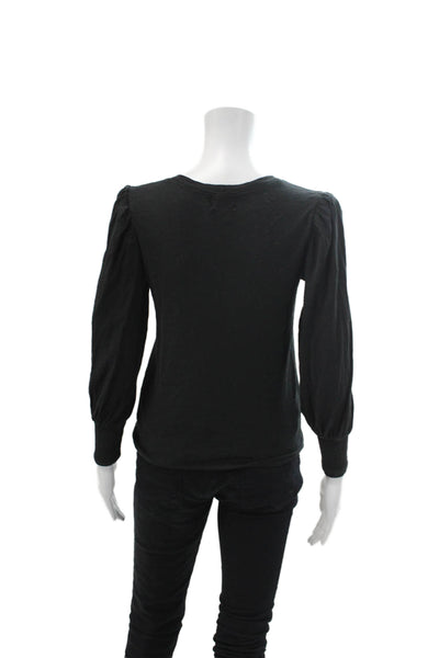 Nation LTD Womens Cotton Crew Neck Puff Sleeve Blouse Top Black Size XS