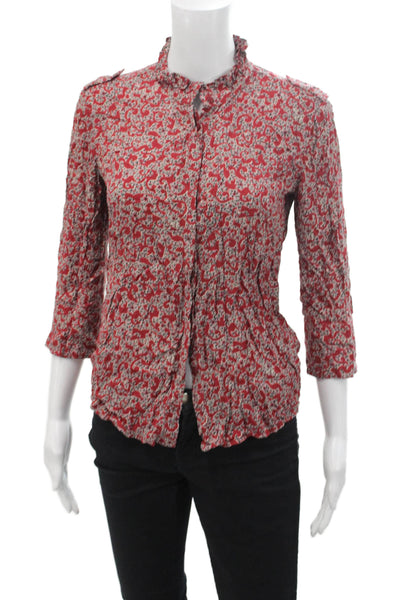 Ba&Sh Womens Printed Ruffle Neck Button Front Long Sleeve Blouse Top Red Size 0