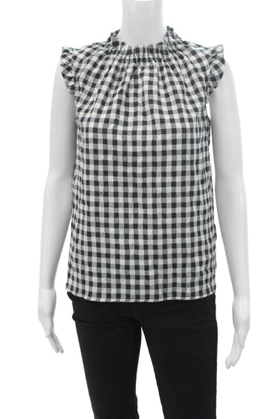 Nanette Lepore Womens Gingham Ruffle Neck Sleeveless Blouse Top Black Size XS