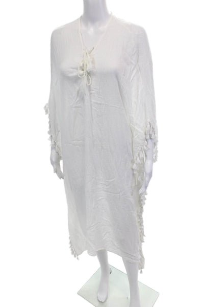 Walter Baker Womens Tassel Trim V Neck Kaftan Dress White Cotton Size One Size