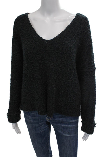 Free People Womens Cotton Knit V-Neck Long Sleeve Textured Sweater Black Size XS