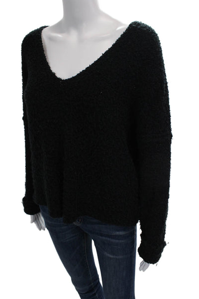 Free People Womens Cotton Knit V-Neck Long Sleeve Textured Sweater Black Size XS