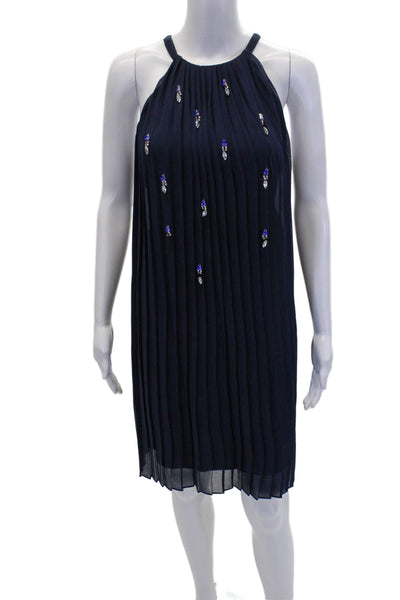 Belle Badgley Mischka Womens High Neck Sleeveless Pleated Mini Dress Blue Size 4