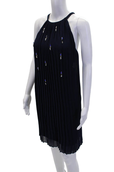 Belle Badgley Mischka Womens High Neck Sleeveless Pleated Mini Dress Blue Size 4
