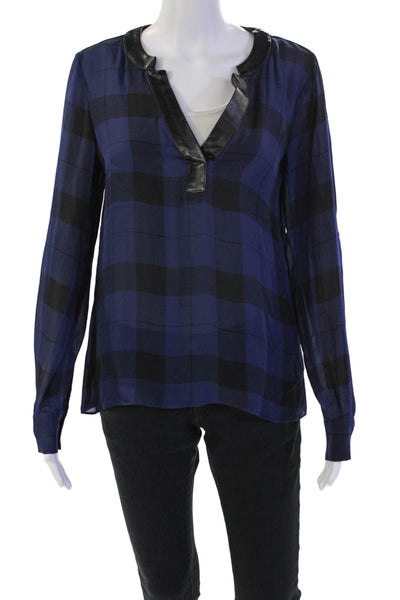 Parker Womens Silk Plaid Print Faux Leather Trim Sheer Blouse Blue Size S