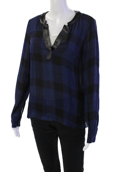 Parker Womens Silk Plaid Print Faux Leather Trim Sheer Blouse Blue Size S