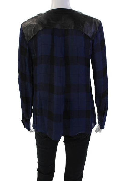 Parker Womens Silk Plaid Print Faux Leather Trim Sheer Blouse Blue Size S