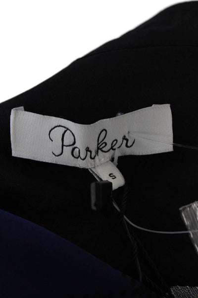 Parker Womens Silk Plaid Print Faux Leather Trim Sheer Blouse Blue Size S