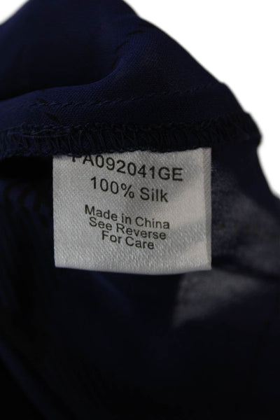 Parker Womens Silk Plaid Print Faux Leather Trim Sheer Blouse Blue Size S