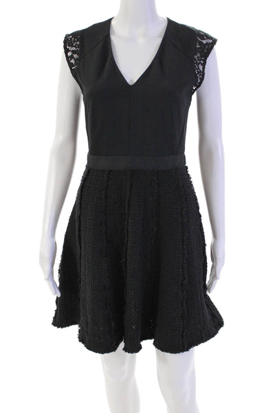 Rebecca Taylor Women's V-Neck Sleeveless Fringe Flare Mini Dress Black Size 4