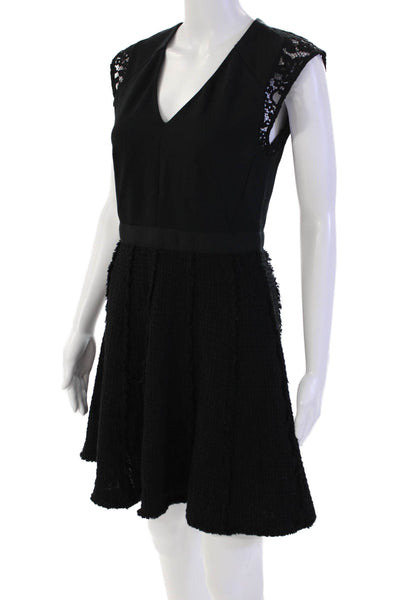 Rebecca Taylor Women's V-Neck Sleeveless Fringe Flare Mini Dress Black Size 4