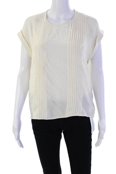 Theory Women's Round Neck Sleeveless Pleated Silk Workwear Blouse Beige Size S