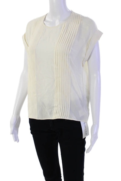 Theory Women's Round Neck Sleeveless Pleated Silk Workwear Blouse Beige Size S
