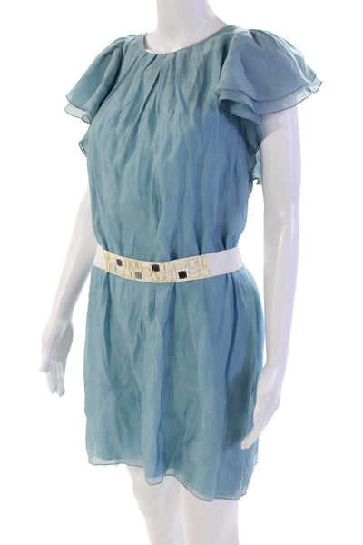 BCBG Max Azria Womens Short Sleeve Belted Pullover Mini Dress Blue Size M