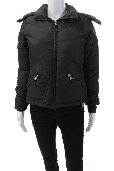 J Crew Womens Textured Long Sleeve Zip Hood Puffer Jacket Black Size XS