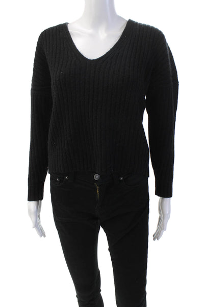 Everlane Womens Wool Long Sleeve V-neck Braided Knit Sweater Black Size XS