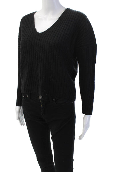 Everlane Womens Wool Long Sleeve V-neck Braided Knit Sweater Black Size XS