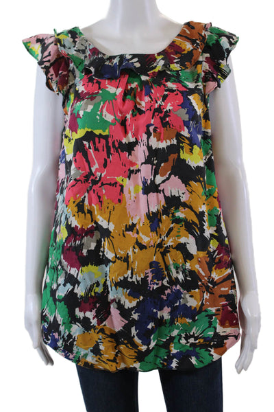 J Crew Womens Silk Abstract Print Ruffle Scoop Neck Blouse Top Multicolor Sz 12T