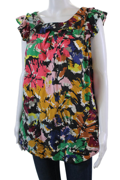 J Crew Womens Silk Abstract Print Ruffle Scoop Neck Blouse Top Multicolor Sz 12T