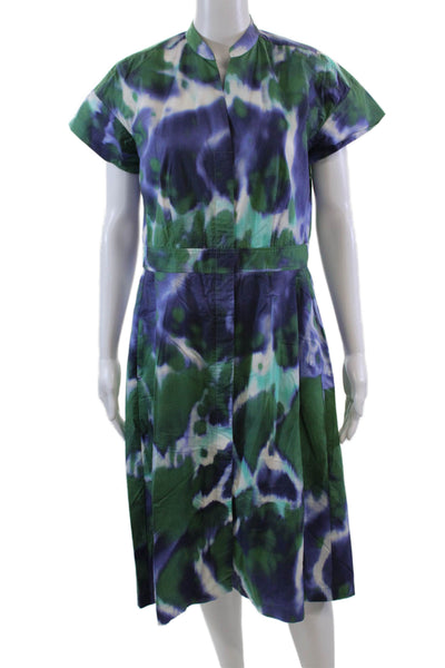 Caliban Womens Cotton Printed Crew Neck Buttoned Dress Blue Green Size 46
