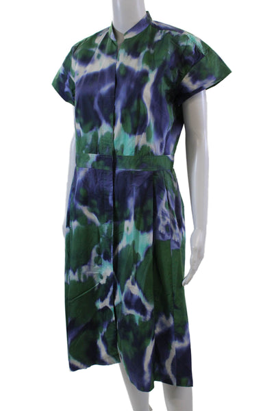 Caliban Womens Cotton Printed Crew Neck Buttoned Dress Blue Green Size 46