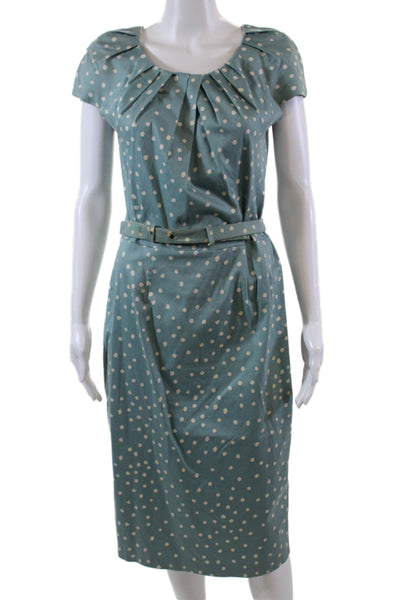 Samantha Sung Womens Polka Dot Pleated Scoop Neck Cap Sleeve Dress Blue Size 8