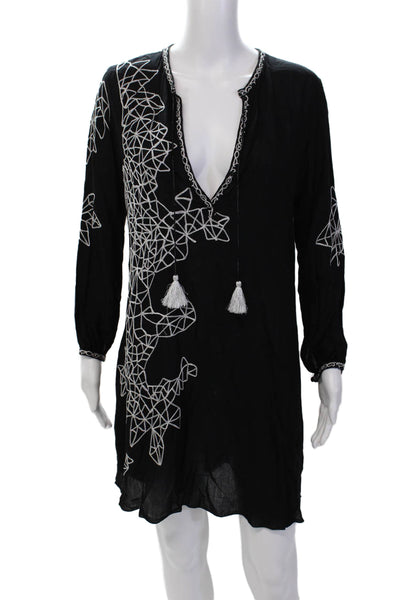 Poupette St. Barth Womens Embroidered Detail V-neck Tunic Top Black Size M