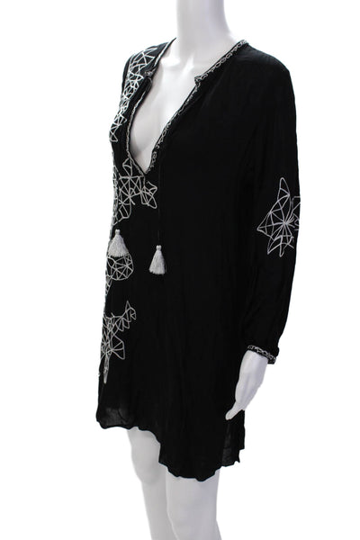 Poupette St. Barth Womens Embroidered Detail V-neck Tunic Top Black Size M