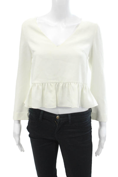 Elizabeth and James Womens 3/4 Sleeve V Neck Open Back Ruffled Top White XS