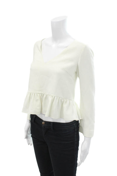 Elizabeth and James Womens 3/4 Sleeve V Neck Open Back Ruffled Top White XS