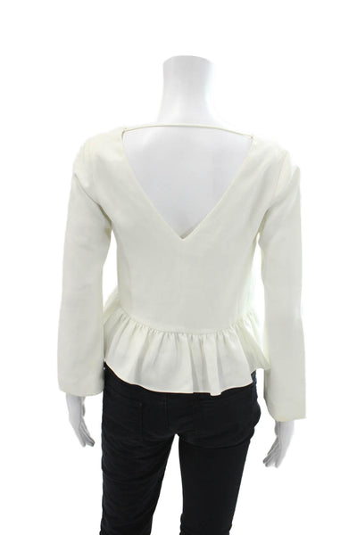 Elizabeth and James Womens 3/4 Sleeve V Neck Open Back Ruffled Top White XS