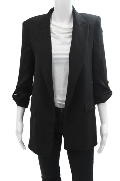 Zara Womens Ruched 3/4 Sleeve Pointed Lapel Open Blazer Jacket Black Size XS