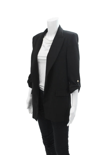 Zara Womens Ruched 3/4 Sleeve Pointed Lapel Open Blazer Jacket Black Size XS