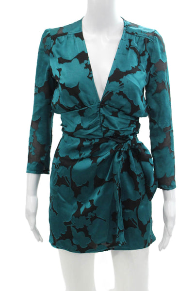 Ellejay Womens Long Sleeve V Neck Floral Satin Mini Dress Blue Black Size XS