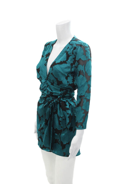 Ellejay Womens Long Sleeve V Neck Floral Satin Mini Dress Blue Black Size XS
