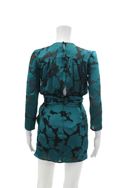 Ellejay Womens Long Sleeve V Neck Floral Satin Mini Dress Blue Black Size XS