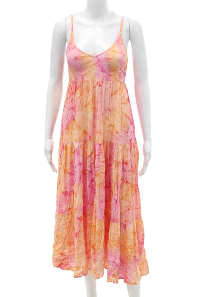 Beachgold Womens Spaghetti Strap V Neck Smocked Midi Dress Orange Pink Small