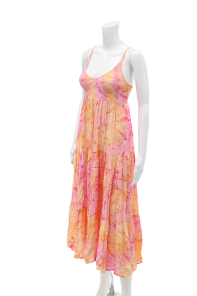 Beachgold Womens Spaghetti Strap V Neck Smocked Midi Dress Orange Pink Small