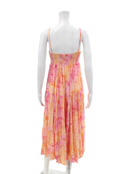 Beachgold Womens Spaghetti Strap V Neck Smocked Midi Dress Orange Pink Small