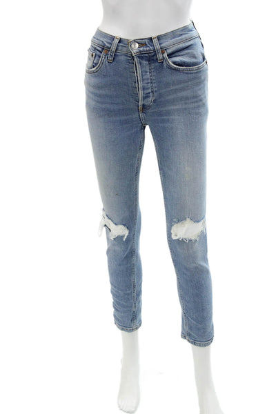 Re/Done Womens Button Fly High Rise Light Wash Distressed Skinny Jeans Blue 23