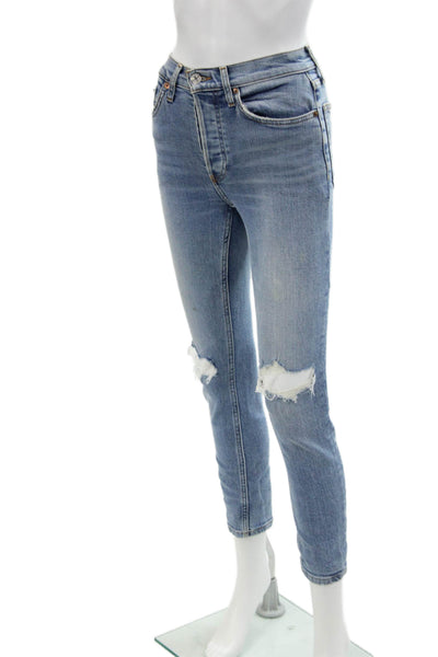 Re/Done Womens Button Fly High Rise Light Wash Distressed Skinny Jeans Blue 23