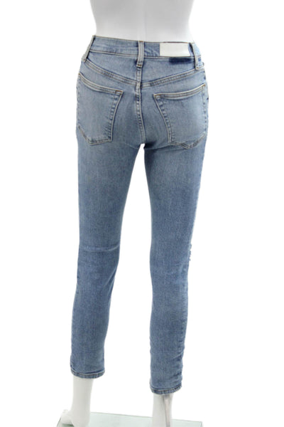 Re/Done Womens Button Fly High Rise Light Wash Distressed Skinny Jeans Blue 23