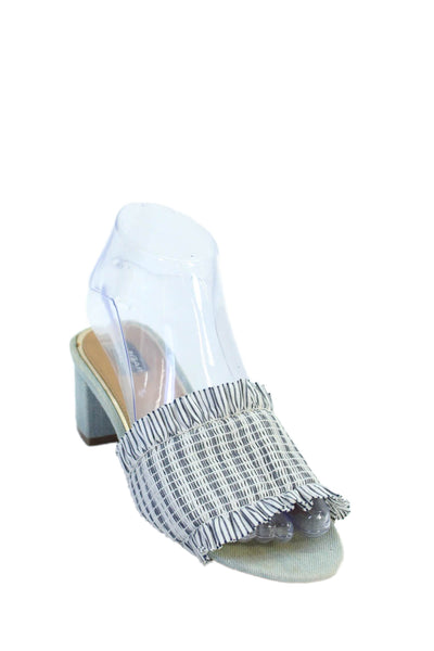 Jaggar Womens Block Heel Ruffled Striped Slide Sandals White Blue Cotton Size 35