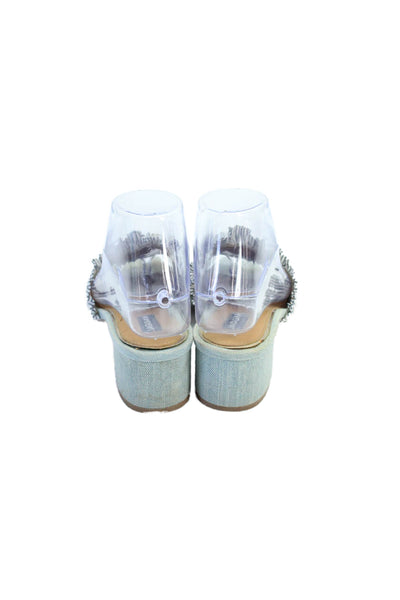 Jaggar Womens Block Heel Ruffled Striped Slide Sandals White Blue Cotton Size 35